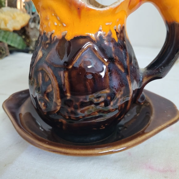 Vintage Pitcher and Basin Retro Orange and Brown Drip Glaze Mill