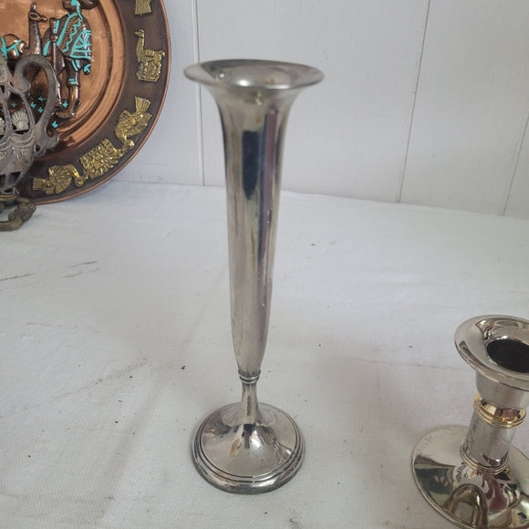 Vintage Metal Bud Vase and Candleholders Marriage Sliver Set of 2