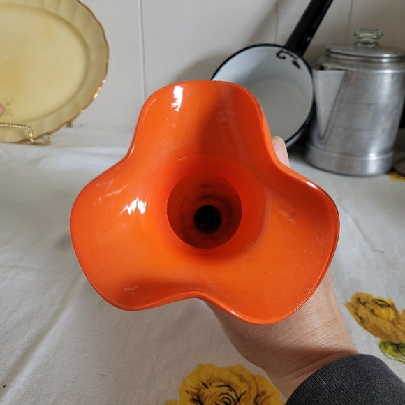 Vintage Art Glass Vase Orange and Black Scalloped Edge Hand Blown