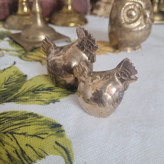 Vintage Brass Rooster and Chicken Figurine India