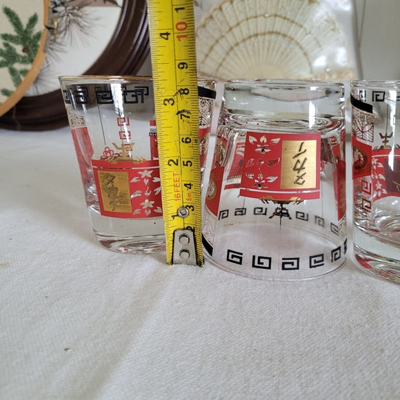 Vintage Red and Gold Lowball Glass Dominion Glass Set of 3 Chinoiserie