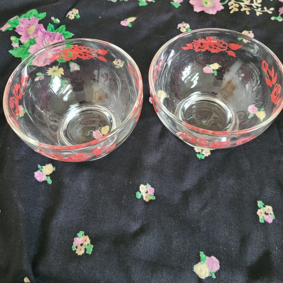 Vintage Dessert Bowls Red Rose Dominion Glass Set of 2