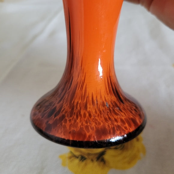 Vintage Art Glass Vase Orange and Black Scalloped Edge Hand Blown