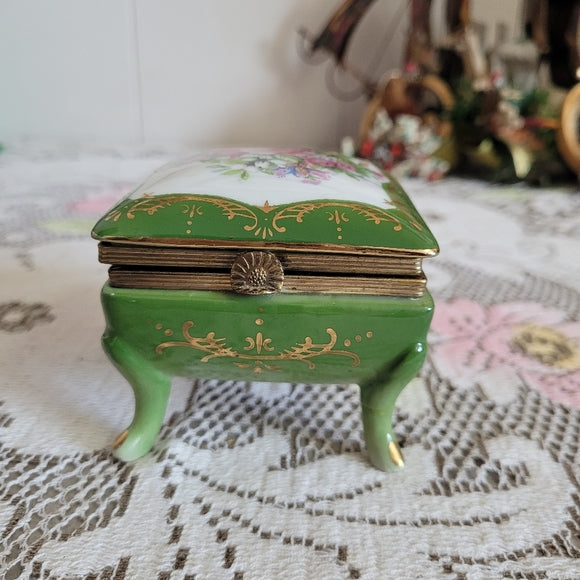 Vintage Trinket Dish, Porcelain Gold Gilt Footed Green Floral Japan AS IS