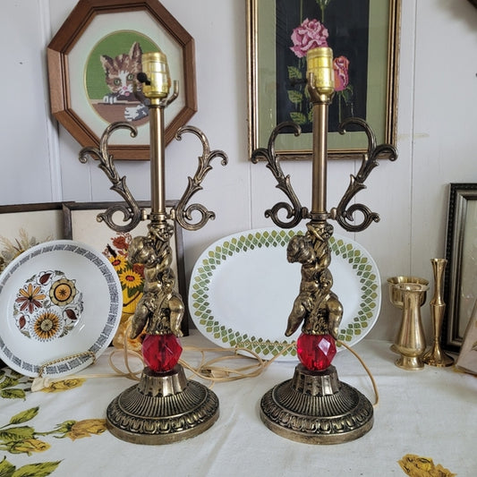 Vintage Brass Cherub Hollywood Regency Table Lamps, set of 2