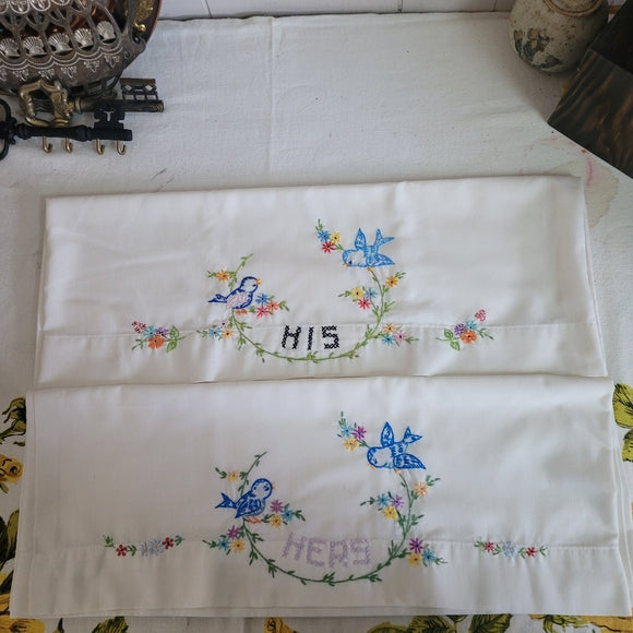 Vintage Embroidered His & Hers Pillow Cases Blue bird 🐦 floral