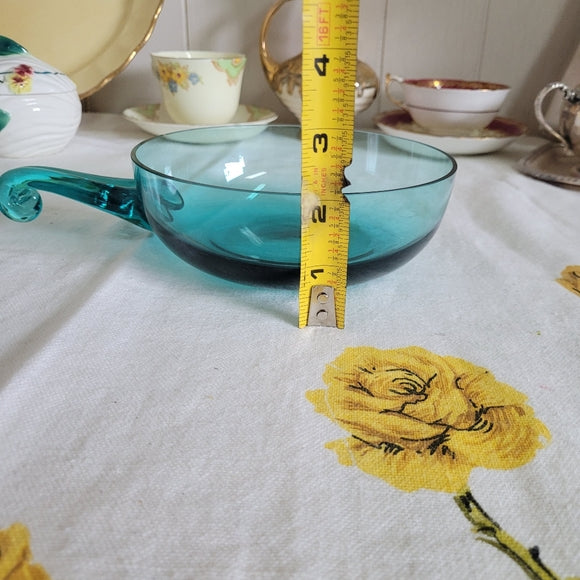 Art Glass Bowl Handled Teal