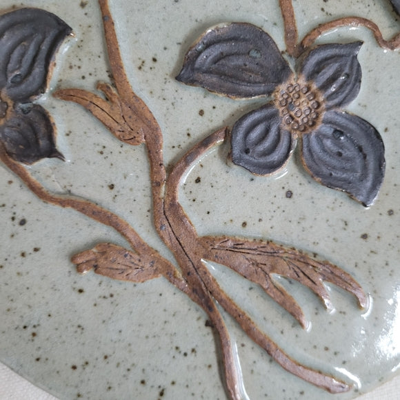 Studio Pottery Plates/Stepping Stones Artist Signed w/ Hangers set of 2 Floral