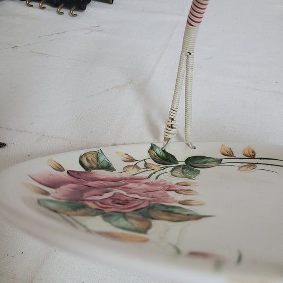 Vintage Lefton Tidbit Serving Plate Handled Hand Painted Japan Floral Regal Rose