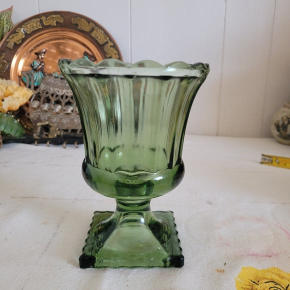 Vintage Glass Urn Smoky Green Footed Indiana Glass