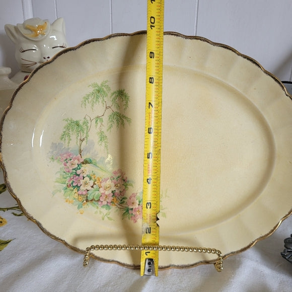 Vintage Oval Plate Platter Floral Gold Crazing