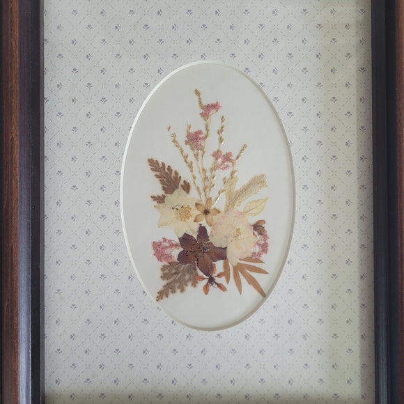 Vintage Dry Flowers Pressed with wooden frame Matted 90s