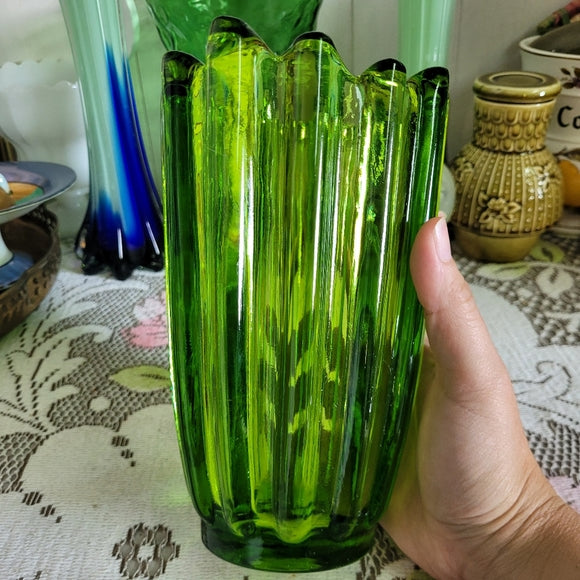 Viking Green Glass Green Vase Lotus Thick Ribbed Tall Version