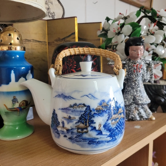 Japanese Porcelain Teapot Chinoiserie Blue Rattan Vintage