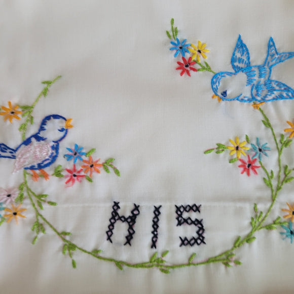 Vintage Embroidered His & Hers Pillow Cases Blue bird 🐦 floral