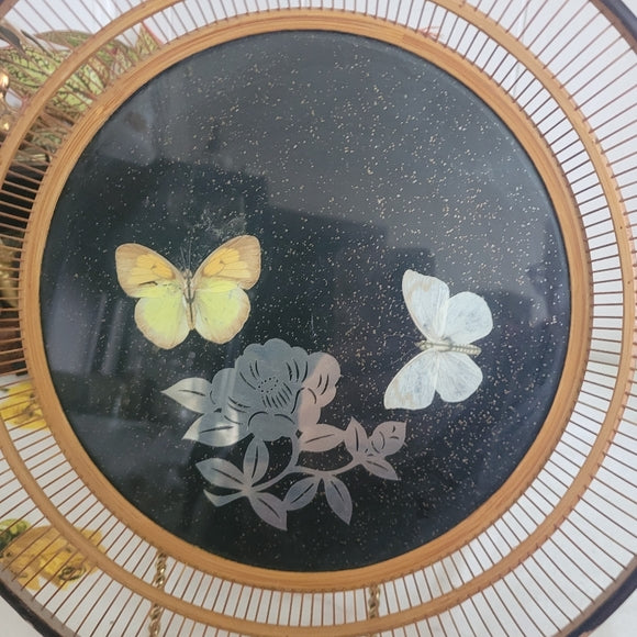 Rattan Basket Glass Bottom Silver Inlay Pressed Butterflies