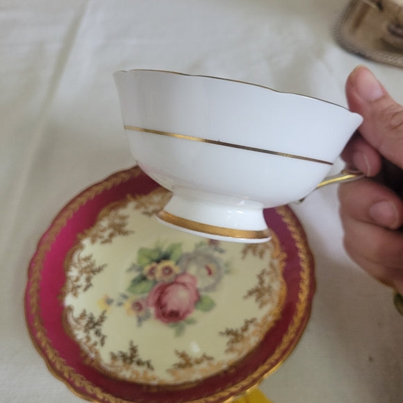 PARAGON Bone China Cup Saucer Pink Cabbage Rose Maroon