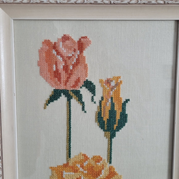 Vintage Cross Stich Florals Embroidery Framed Roses Cream Large