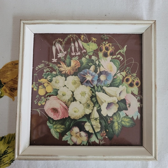 Vintage Floral Prints Square white frame under glass set of 3