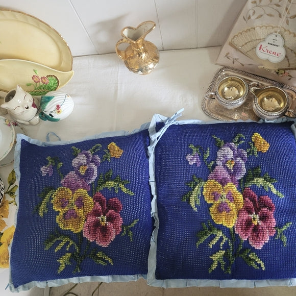 Vintage Embroidered Pillows Pansy Floral set of 2 Ruffle