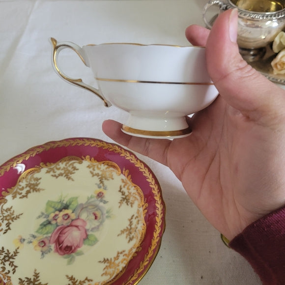 PARAGON Bone China Cup Saucer Pink Cabbage Rose Maroon