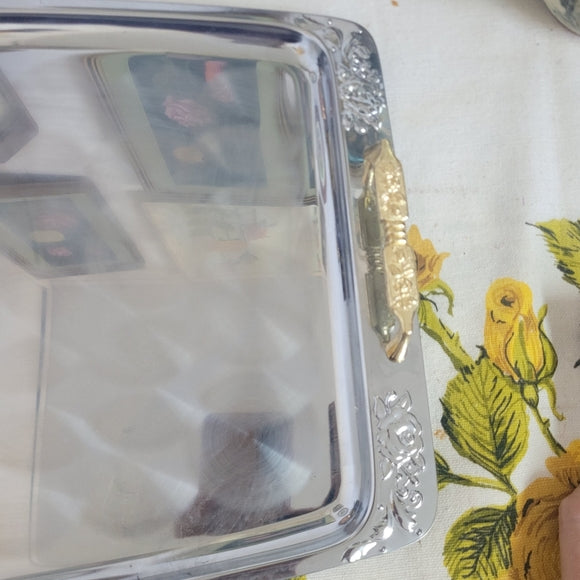 Vintage Metal Tray brushed, silver gold handles rectangle pressed floral