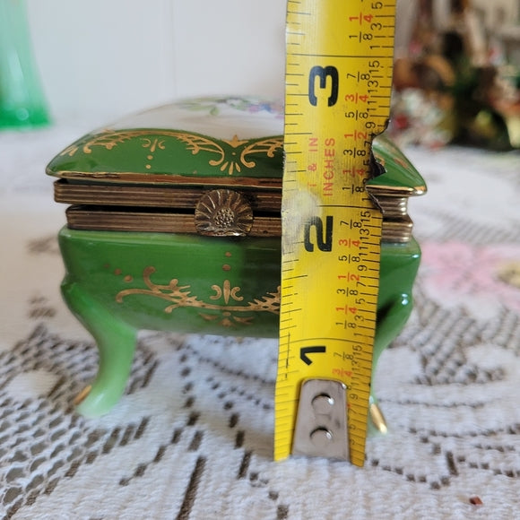 Vintage Trinket Dish, Porcelain Gold Gilt Footed Green Floral Japan AS IS