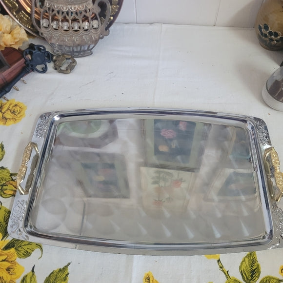 Vintage Metal Tray brushed, silver gold handles rectangle pressed floral