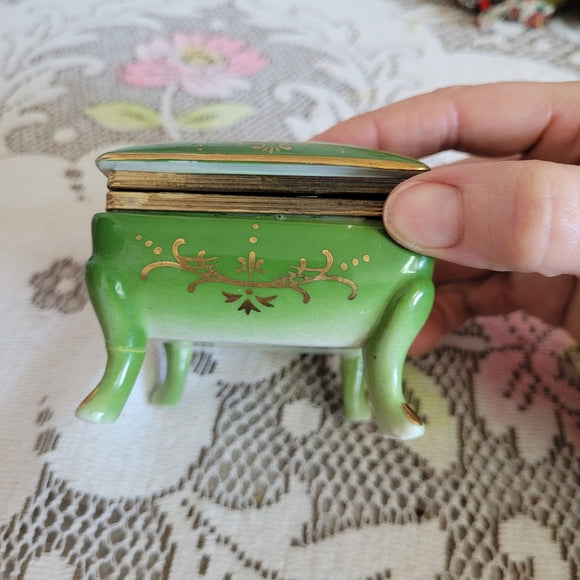 Vintage Trinket Dish, Porcelain Gold Gilt Footed Green Floral Japan AS IS