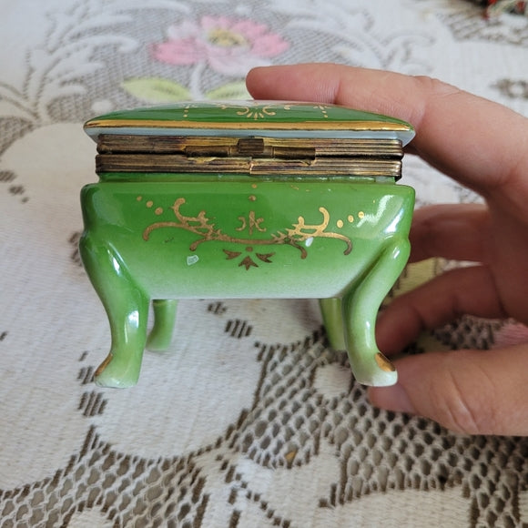 Vintage Trinket Dish, Porcelain Gold Gilt Footed Green Floral Japan AS IS