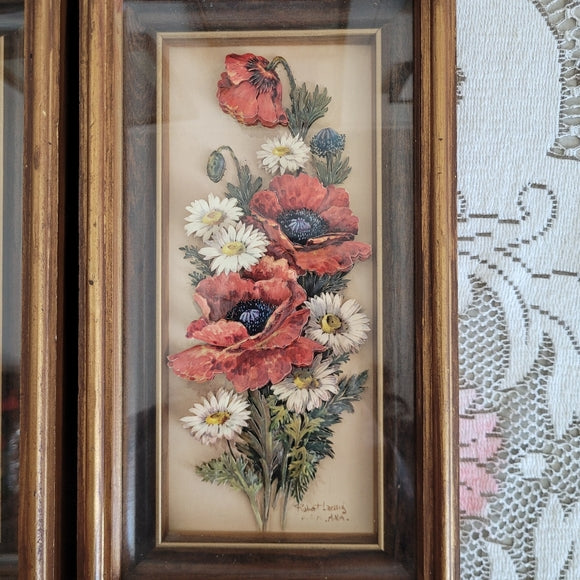 Vintage 3D Flower Art set of 2 Poppy Daisy Under Glass Hang