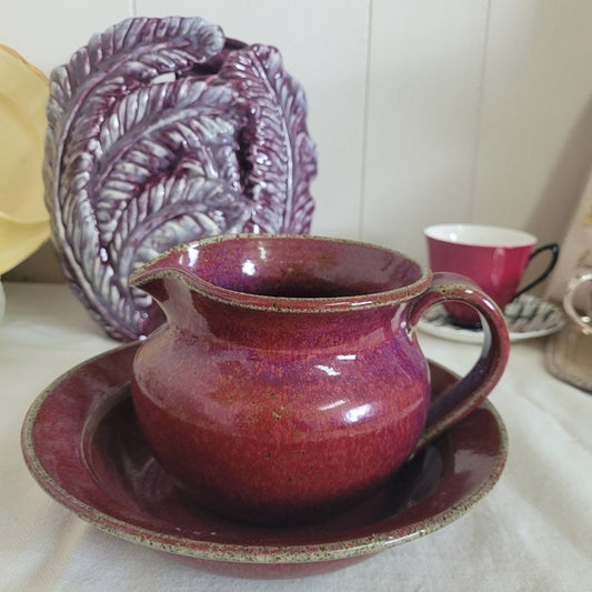 Studio Pottery Pitcher and Basin Cranberry Artist Signed