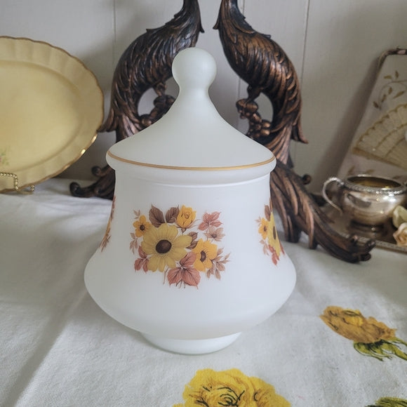 Vintage Satin Glass Ginger/Apothecary Lidded Jar with Orange Florals