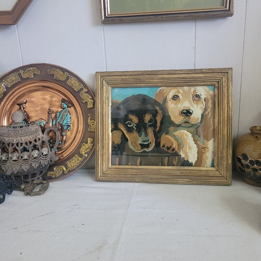 Vintage Paint By Numbers Puppies Framed Under Glass ready to hang