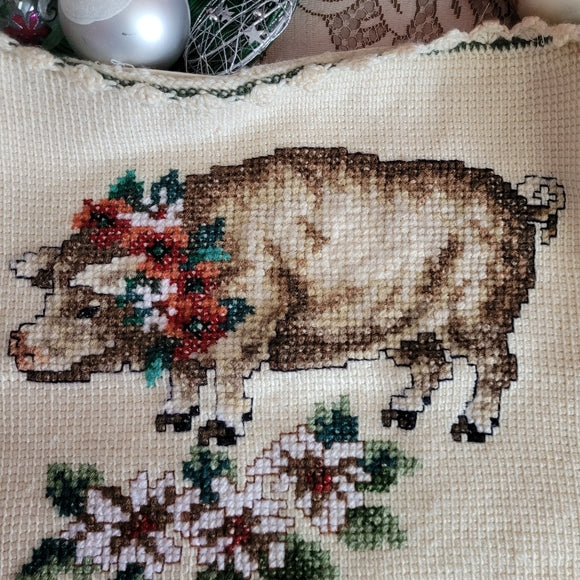 Vintage Knit Pig Pillow Cover Christmas Zipper Closure