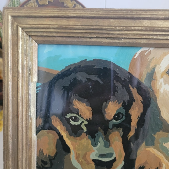 Vintage Paint By Numbers Puppies Framed Under Glass ready to hang