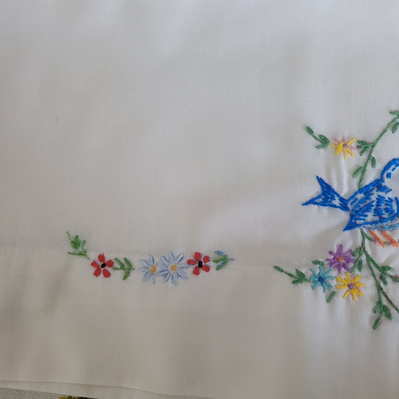 Vintage Embroidered His & Hers Pillow Cases Blue bird 🐦 floral