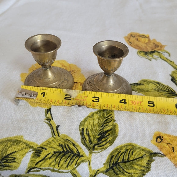 Vintage Brass Candleholders Etched set of 2