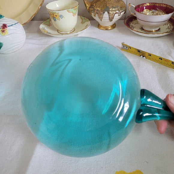 Art Glass Bowl Handled Teal