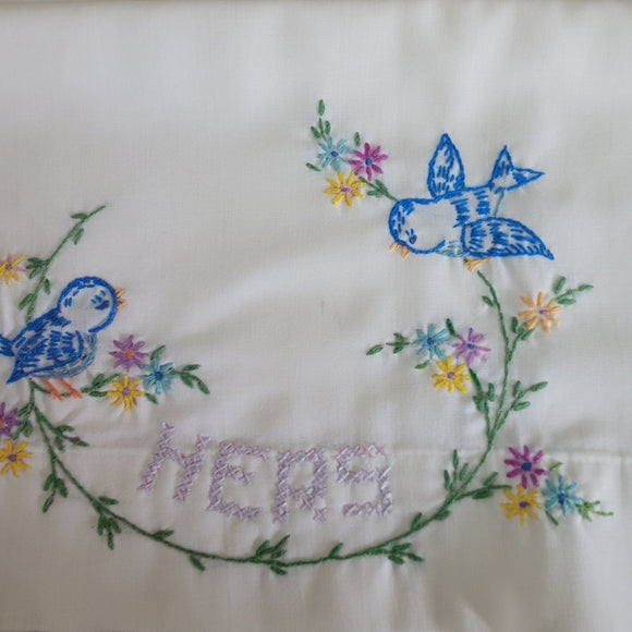 Vintage Embroidered His & Hers Pillow Cases Blue bird 🐦 floral