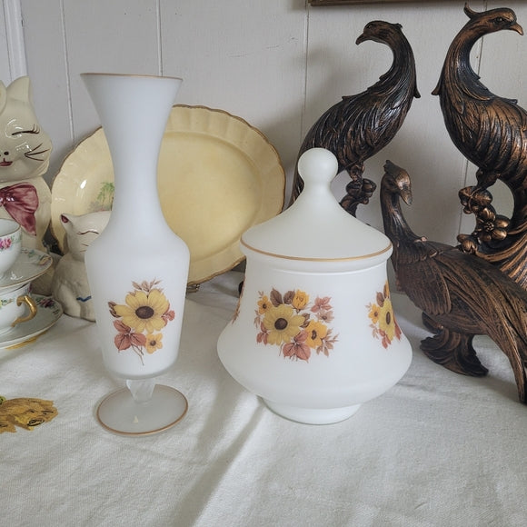 Vintage Satin Glass Vase Footed Orange Florals Gold Gilding