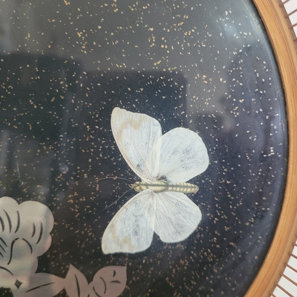 Rattan Basket Glass Bottom Silver Inlay Pressed Butterflies