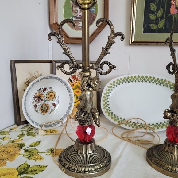 Vintage Brass Cherub Hollywood Regency Table Lamps, set of 2