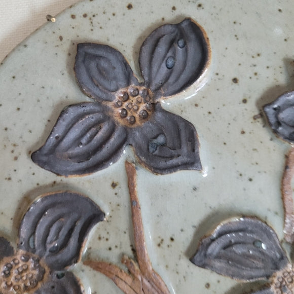 Studio Pottery Plates/Stepping Stones Artist Signed w/ Hangers set of 2 Floral