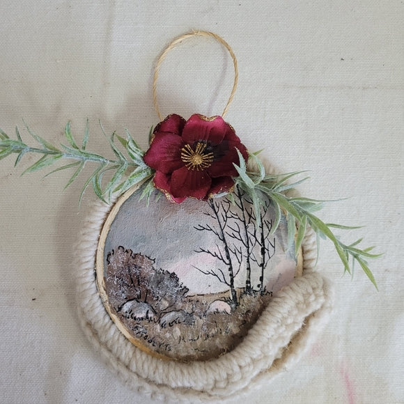 Christmas Ornament Hand Painted Macrame Upcycled