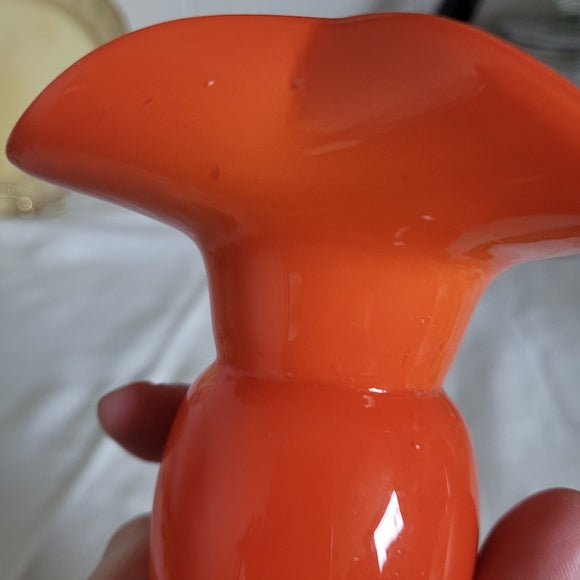 Vintage Art Glass Vase Orange and Black Scalloped Edge Hand Blown