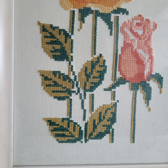 Vintage Cross Stich Florals Embroidery Framed Roses Cream Large