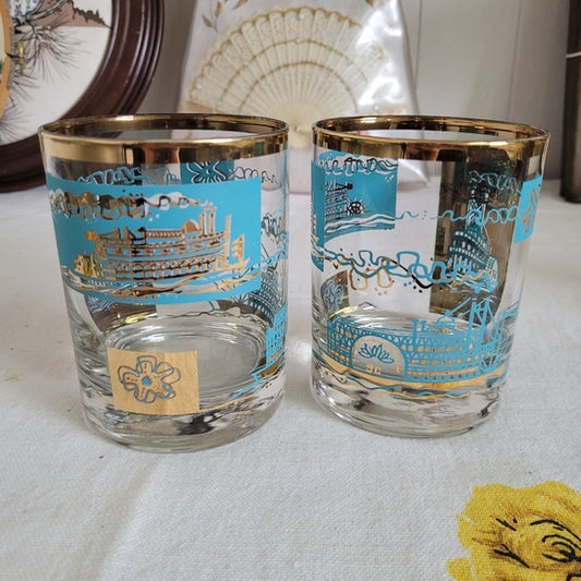 Libbey Southern Comfort Riverboat teal gold double old fashioned glasses set 2