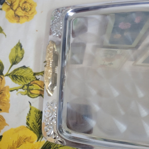 Vintage Metal Tray brushed, silver gold handles rectangle pressed floral