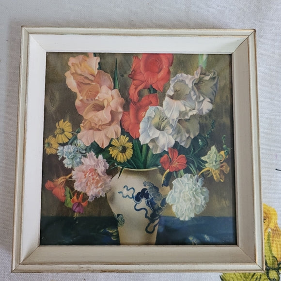 Vintage Floral Prints Square white frame under glass set of 3